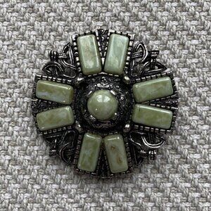 Irish Celtic Brooch, Connemara Marble Agates?, Green Glass? Pin, Vintage